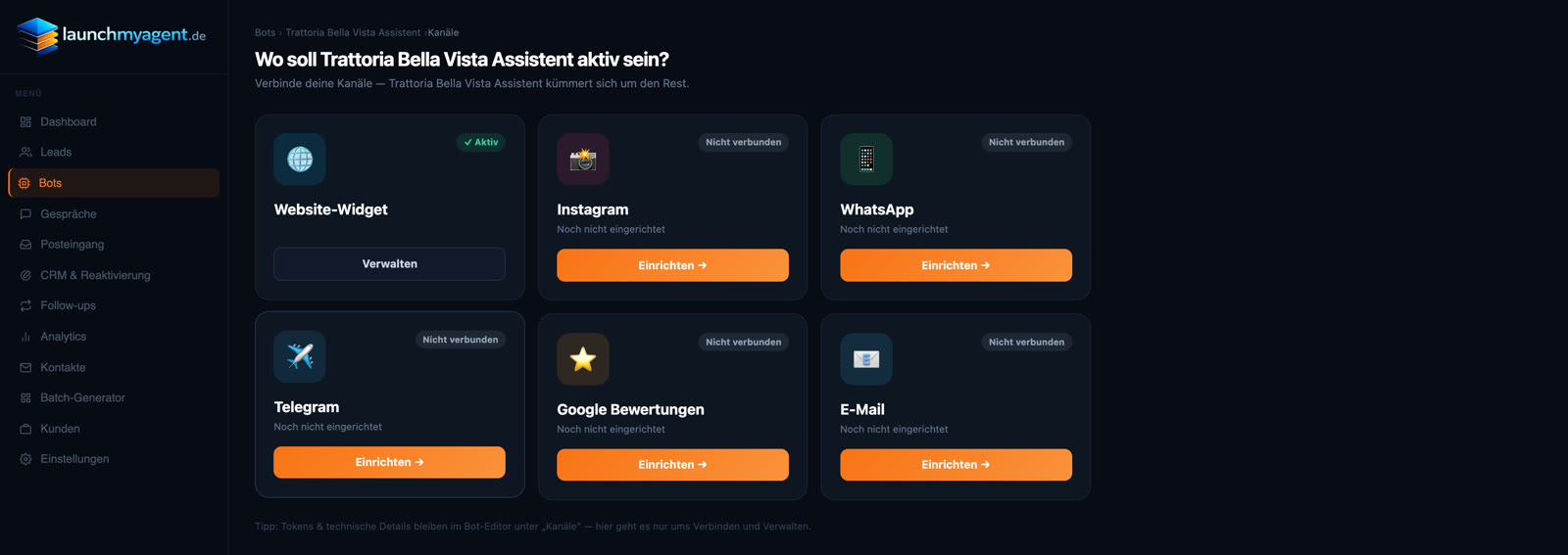 LaunchMyAgent — Kanal-Übersicht: Website-Widget, WhatsApp, Instagram, Telegram, Google Bewertungen und E-Mail